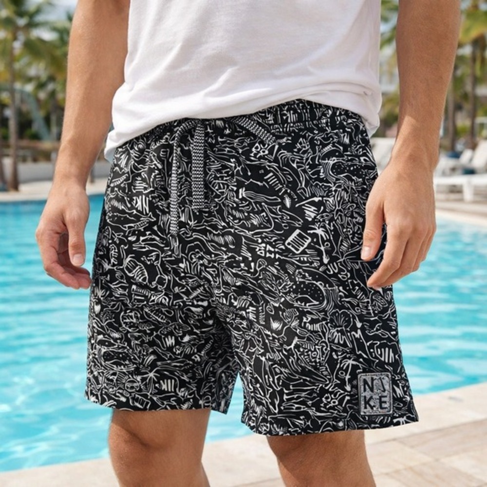 Nike Shark Print Swim Trunks Men's Small Black‎ White Icon Volley Shorts 6.5"